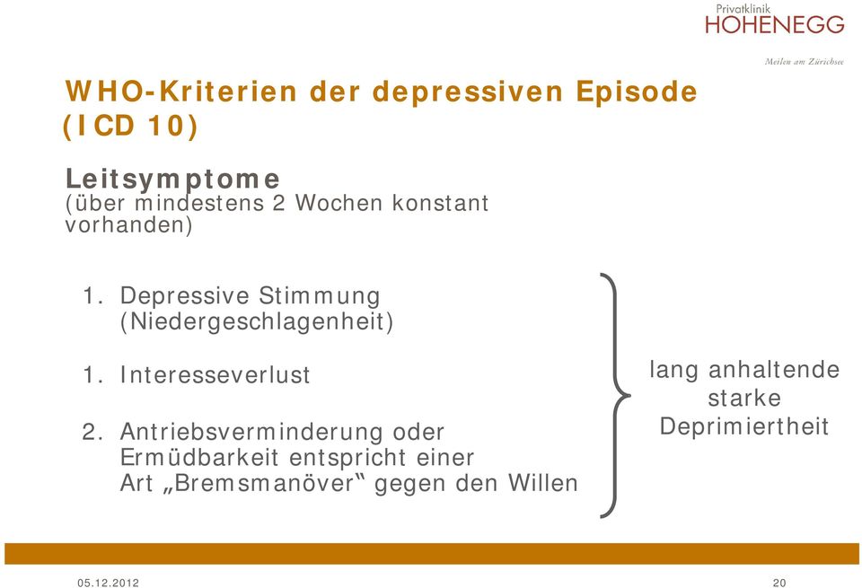 Depressive Stimmung (Niedergeschlagenheit) 1. Interesseverlust 2.