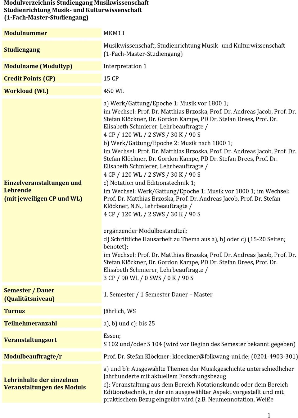 15 CP 450 WL a) Werk/Gattung/Epoche 1: Musik vor 1800 1; Stefan Klöckner, Dr. Gordon Kampe, PD Dr. Stefan Drees, Prof. Dr. b) Werk/Gattung/Epoche 2: Musik nach 1800 1; Stefan Klöckner, Dr.