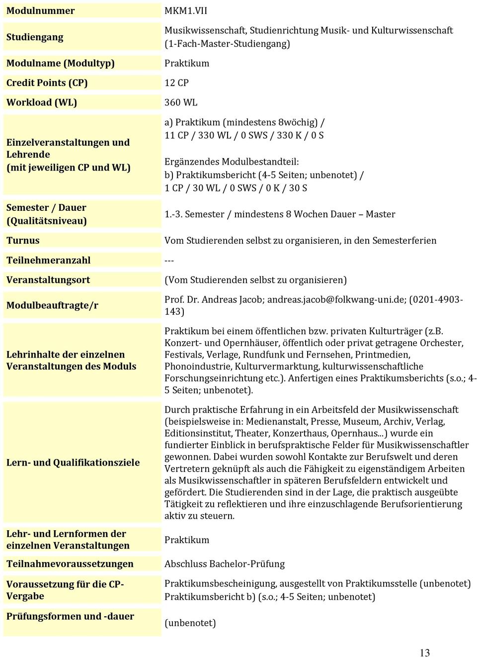 Praktikumsbericht (4-5 Seiten; unbenotet) / 1 CP / 30 WL / 0 SWS / 0 K / 30 S 1.-3.