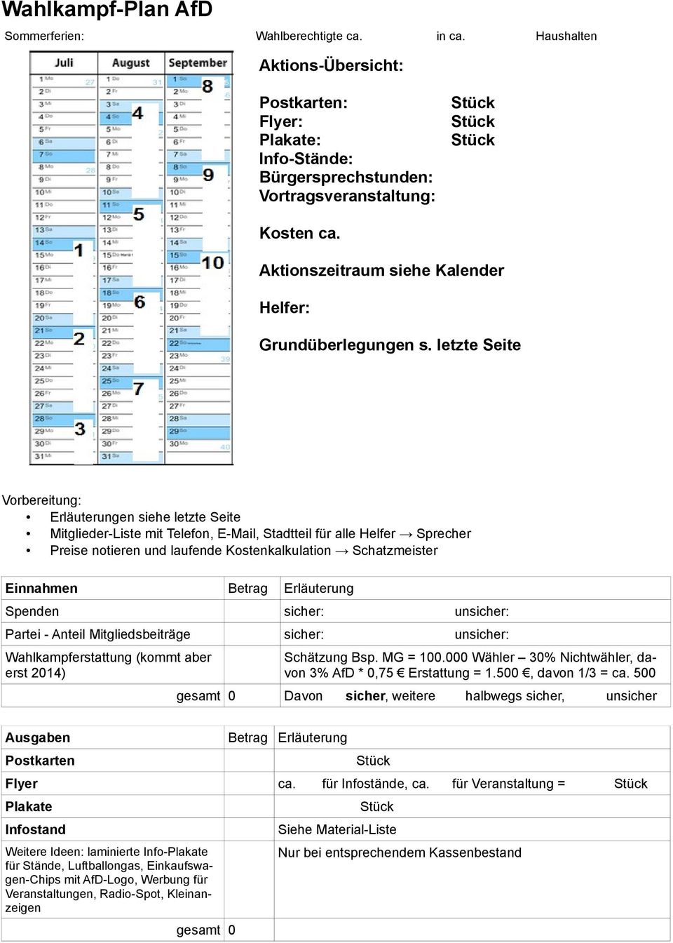 letzte Seite Vorbereitung: Erläuterungen siehe letzte Seite Mitglieder-Liste mit Telefon, E-Mail, Stadtteil für alle Helfer Sprecher Preise notieren und laufende Kostenkalkulation Schatzmeister