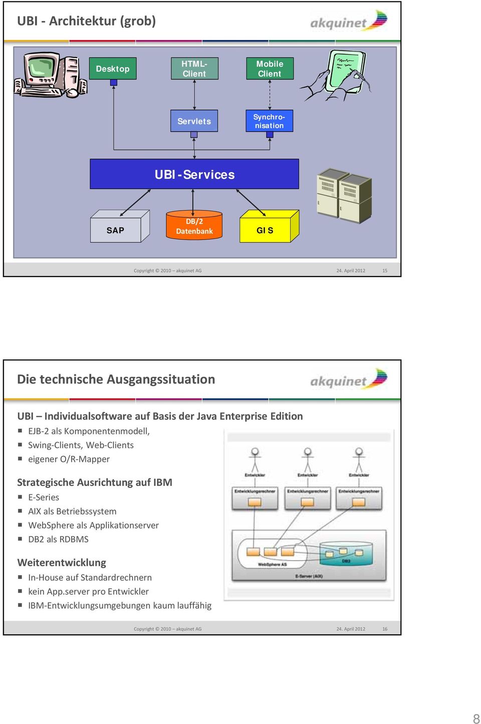 Clients, Web Clients eigener O/R Mapper Strategische Ausrichtung auf IBM E Series AIX als Betriebssystem WebSphere als