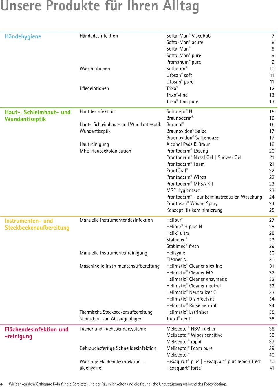 Hautdesinfektion Softasept N 15 Braunoderm 16 Haut-, Schleimhaut- und Wundantiseptik Braunol 16 Wundantiseptik Braunovidon Salbe 17 Braunovidon Salbengaze 17 Hautreinigung Alcohol Pads B.