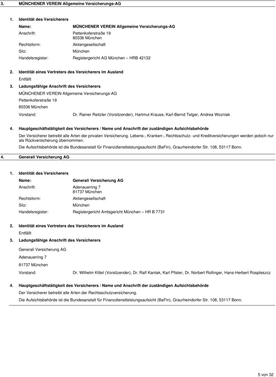 Registergericht AG München HRB 42132 2. Identität eines Vertreters des Versicherers im Ausland Entfällt 3.