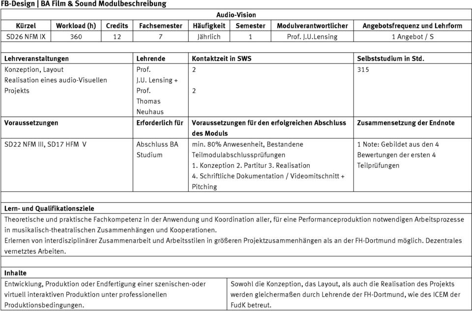 80% Anwesenheit, Bestandene Teilmodulabschlussprüfungen 1. Konzeption 2. Partitur 3. Realisation 4.