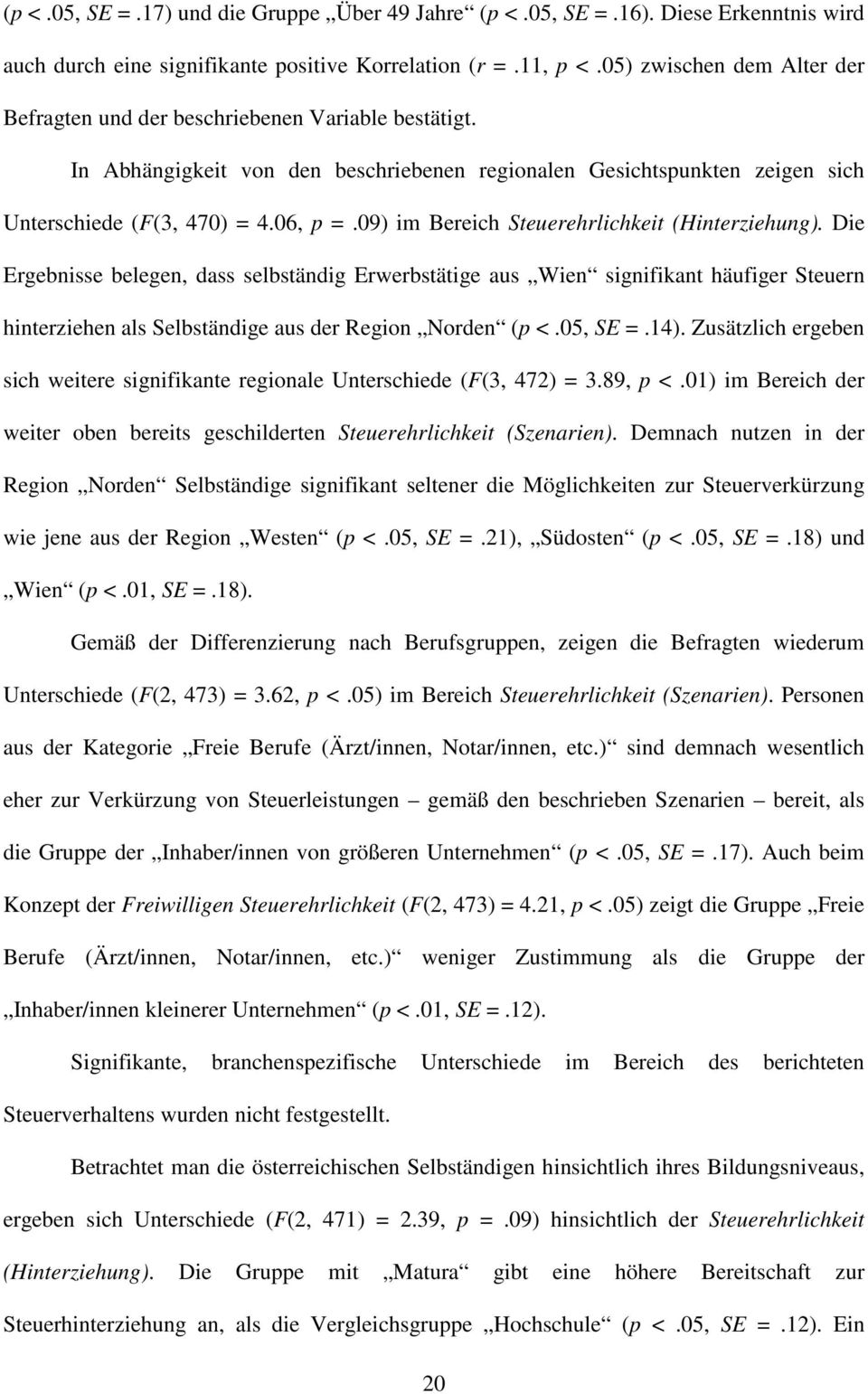 09) im Bereich Steuerehrlichkeit (Hinterziehung). Die Ergebnisse belegen, dass selbständig Erwerbstätige aus Wien signifikant häufiger Steuern hinterziehen als Selbständige aus der Region Norden (p <.