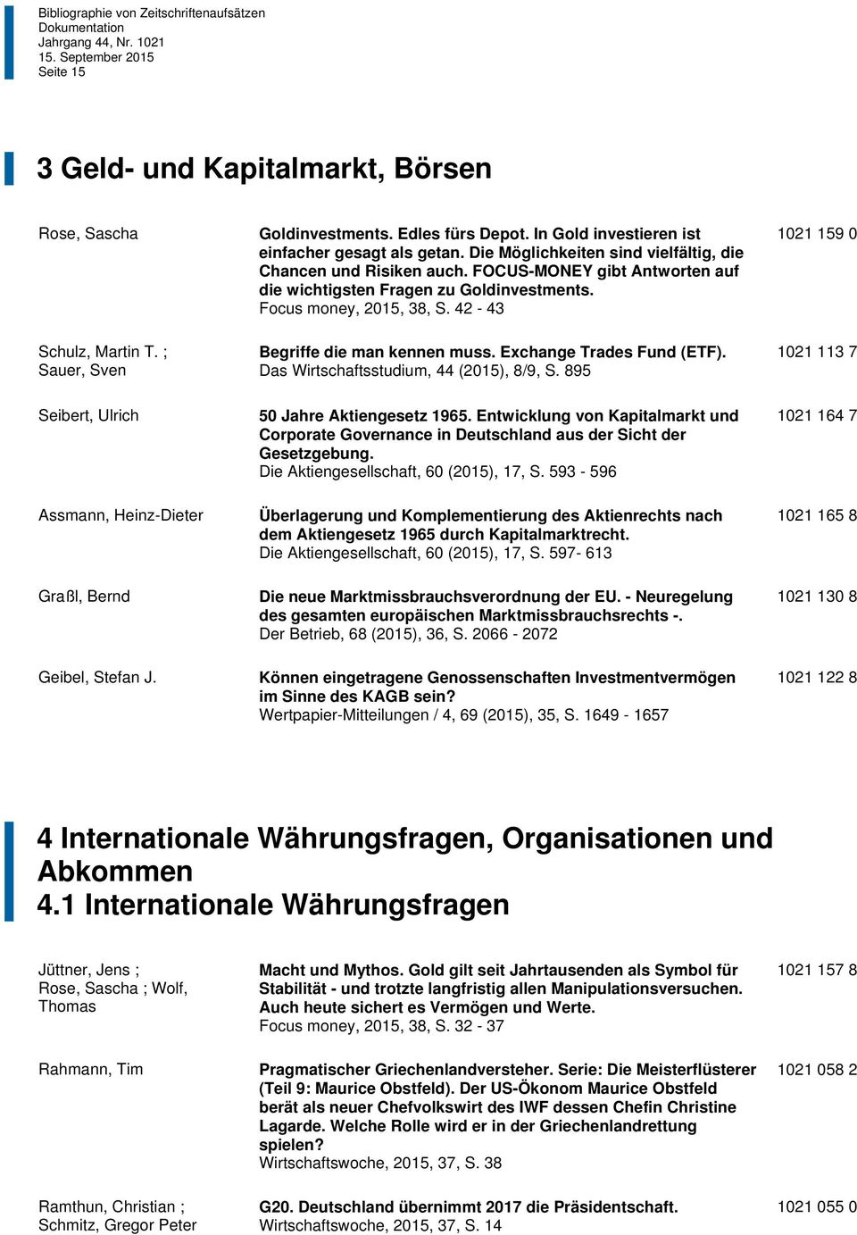 Exchange Trades Fund (ETF). Das Wirtschaftsstudium, 44 (2015), 8/9, S. 895 1021 159 0 1021 113 7 Seibert, Ulrich Assmann, Heinz-Dieter Graßl, Bernd Geibel, Stefan J. 50 Jahre Aktiengesetz 1965.