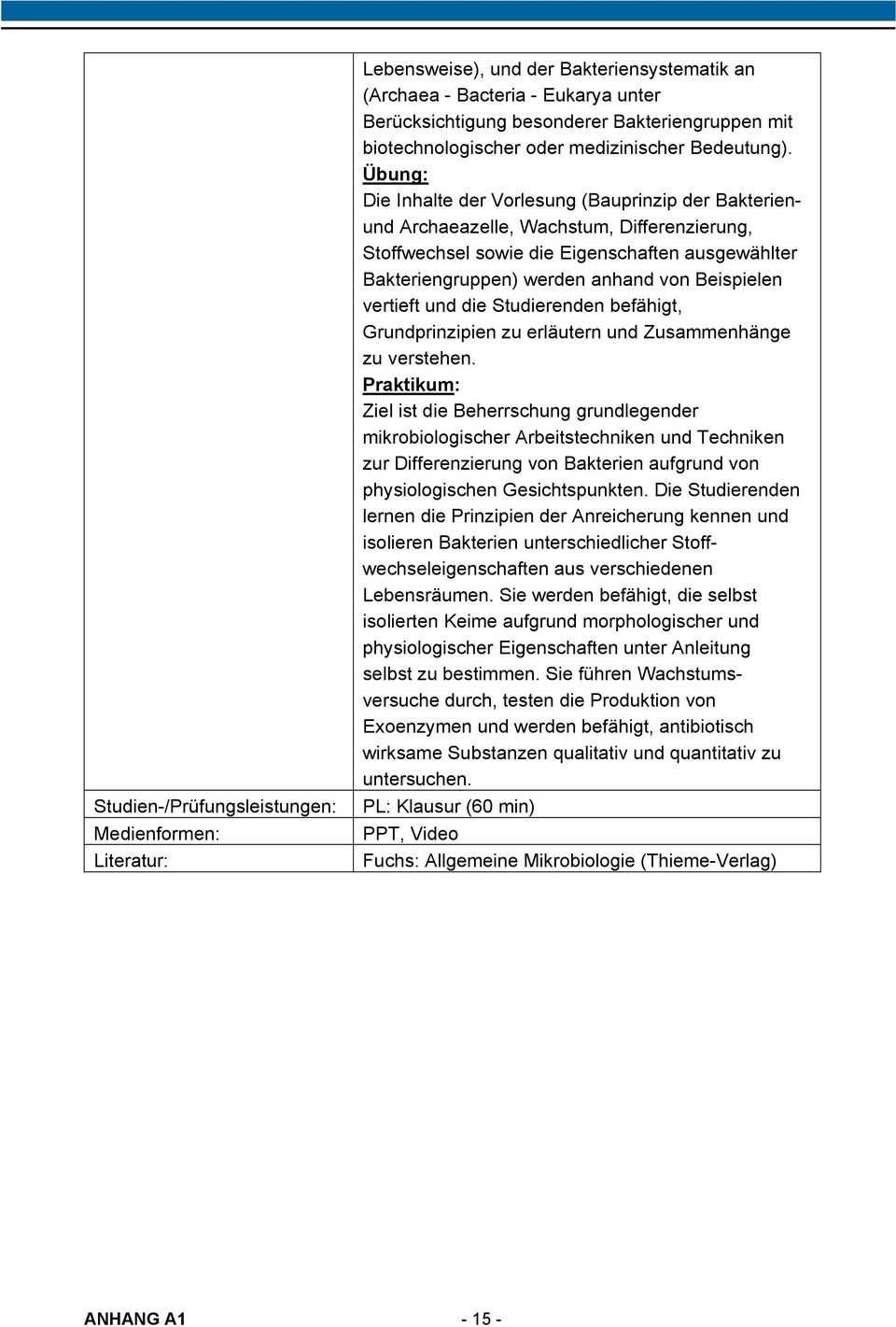 Übung: Die Inhalte der Vorlesung (Bauprinzip der Bakterienund Archaeazelle, Wachstum, Differenzierung, Stoffwechsel sowie die Eigenschaften ausgewählter Bakteriengruppen) werden anhand von Beispielen