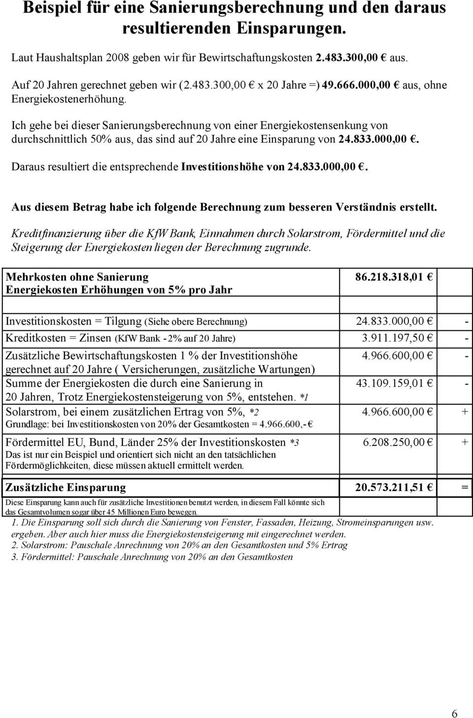 Ich gehe bei dieser Sanierungsberechnung von einer Energiekostensenkung von durchschnittlich 50% aus, das sind auf 20 Jahre eine Einsparung von 24.833.000,00.