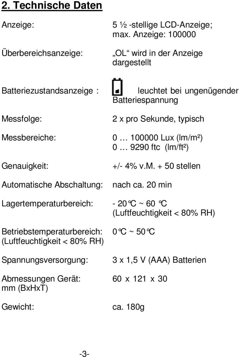 ungenügender Batteriespannung 2 x pro Sekunde, typisch 0 100000 Lux (lm/m²) 0 9290 ftc (lm/ft²) +/- 4% v.m. + 50 stellen nach ca.