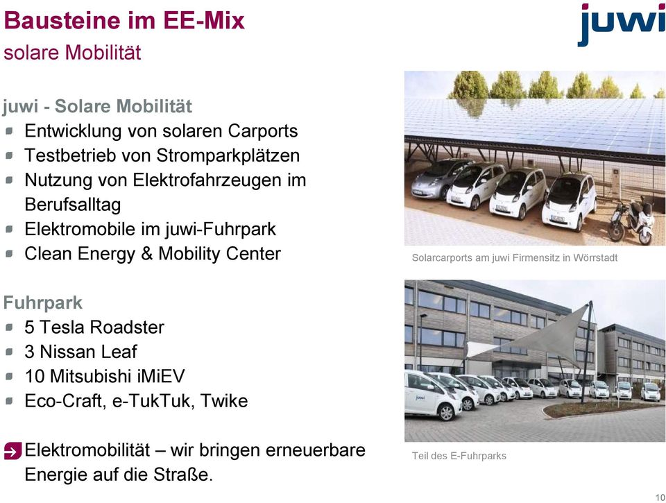 Mobility Center Solarcarports am juwi Firmensitz in Wörrstadt Fuhrpark 5 Tesla Roadster 3 Nissan Leaf 10