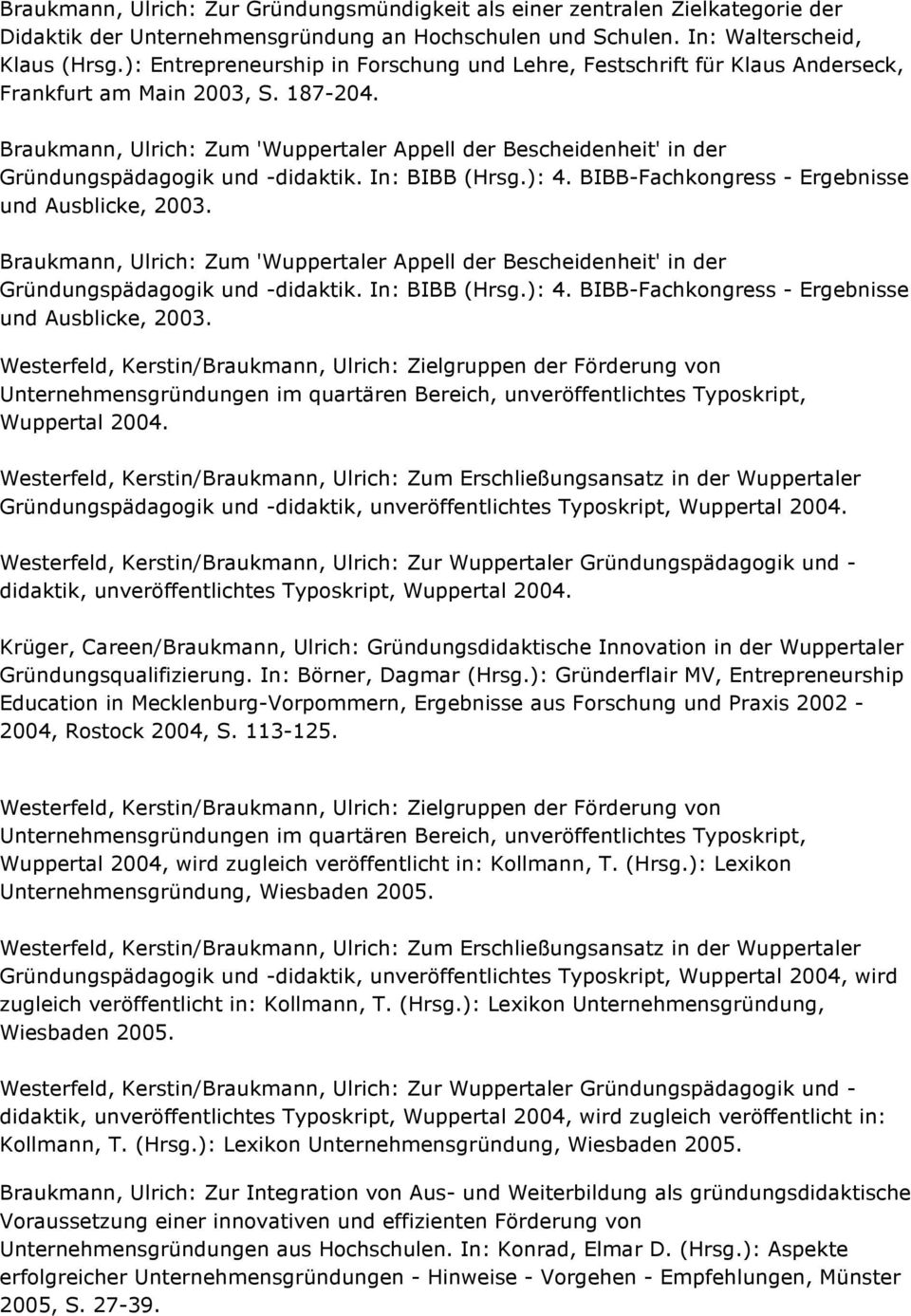 Braukmann, Ulrich: Zum 'Wuppertaler Appell der Bescheidenheit' in der Gründungspädagogik und -didaktik. In: BIBB (Hrsg.): 4. BIBB-Fachkongress - Ergebnisse und Ausblicke, 2003.