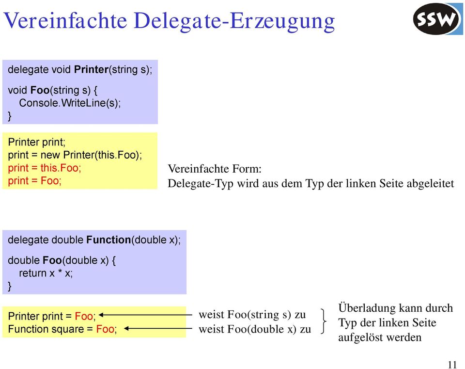 foo; print = Foo; Vereinfachte Form: Delegate-Typ wird aus dem Typ der linken Seite abgeleitet delegate double
