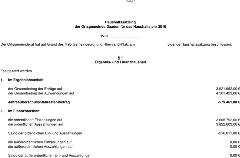 423, Jahresüberschuss/Jahresfehlbetrag -579.461, 2. im Finanzhaushalt 1 Ergebnis- und Finanzhaushalt die ordentlichen Einzahlungen auf 3.605.