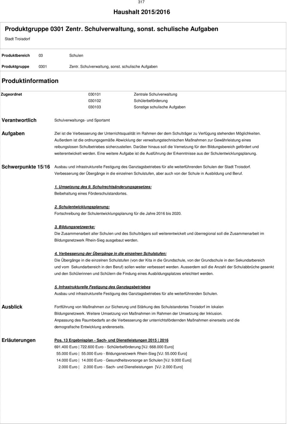 schulische Aufgaben Produktinformation Zugeordnet 311 Zentrale Schulverwaltung 312 Schülerbeförderung 313 Sonstige schulische Aufgaben Verantwortlich Schulverwaltungs- und Sportamt Aufgaben Ziel ist