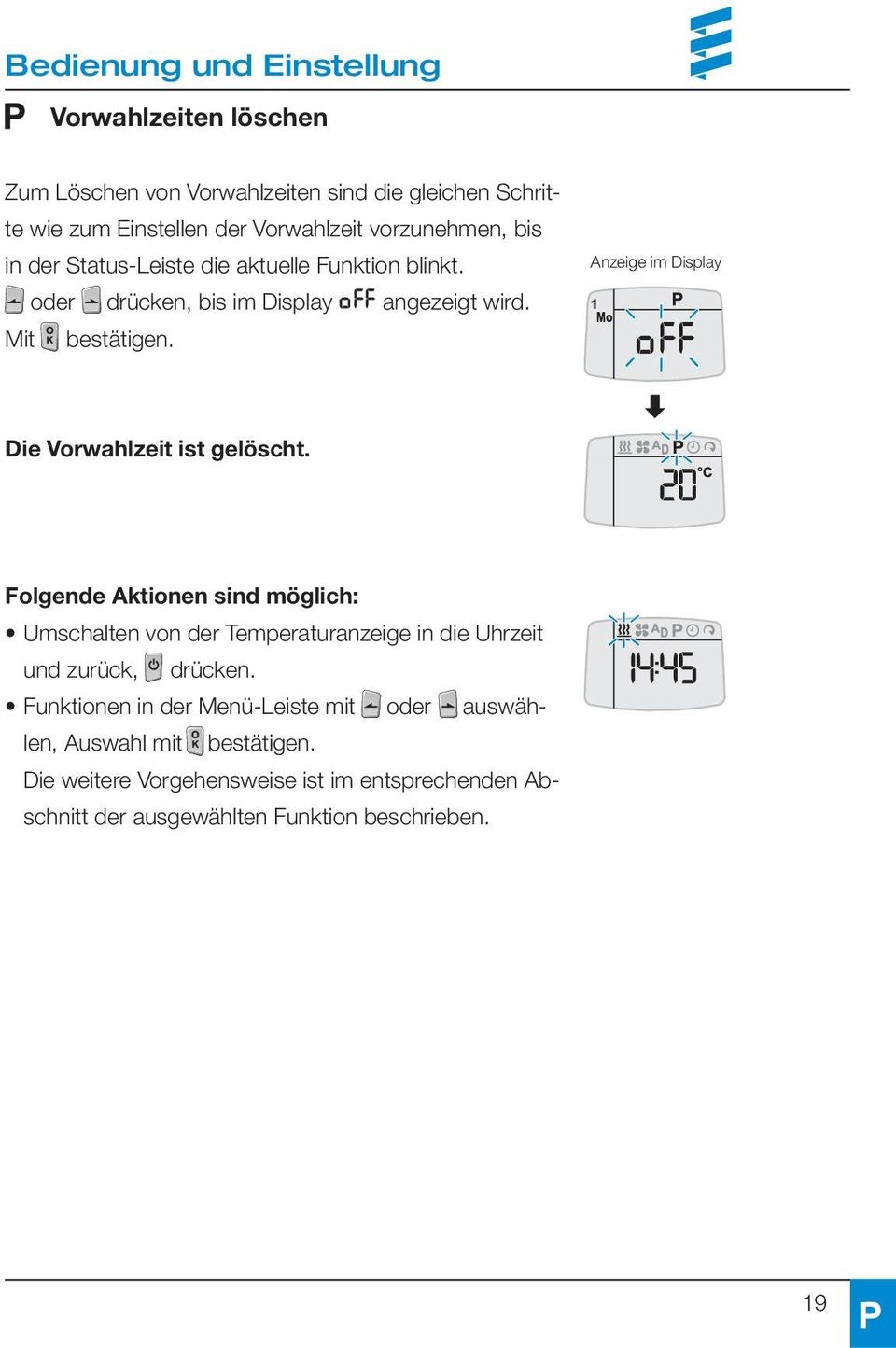 Anzeige im Display Die Vorwahlzeit ist gelöscht.