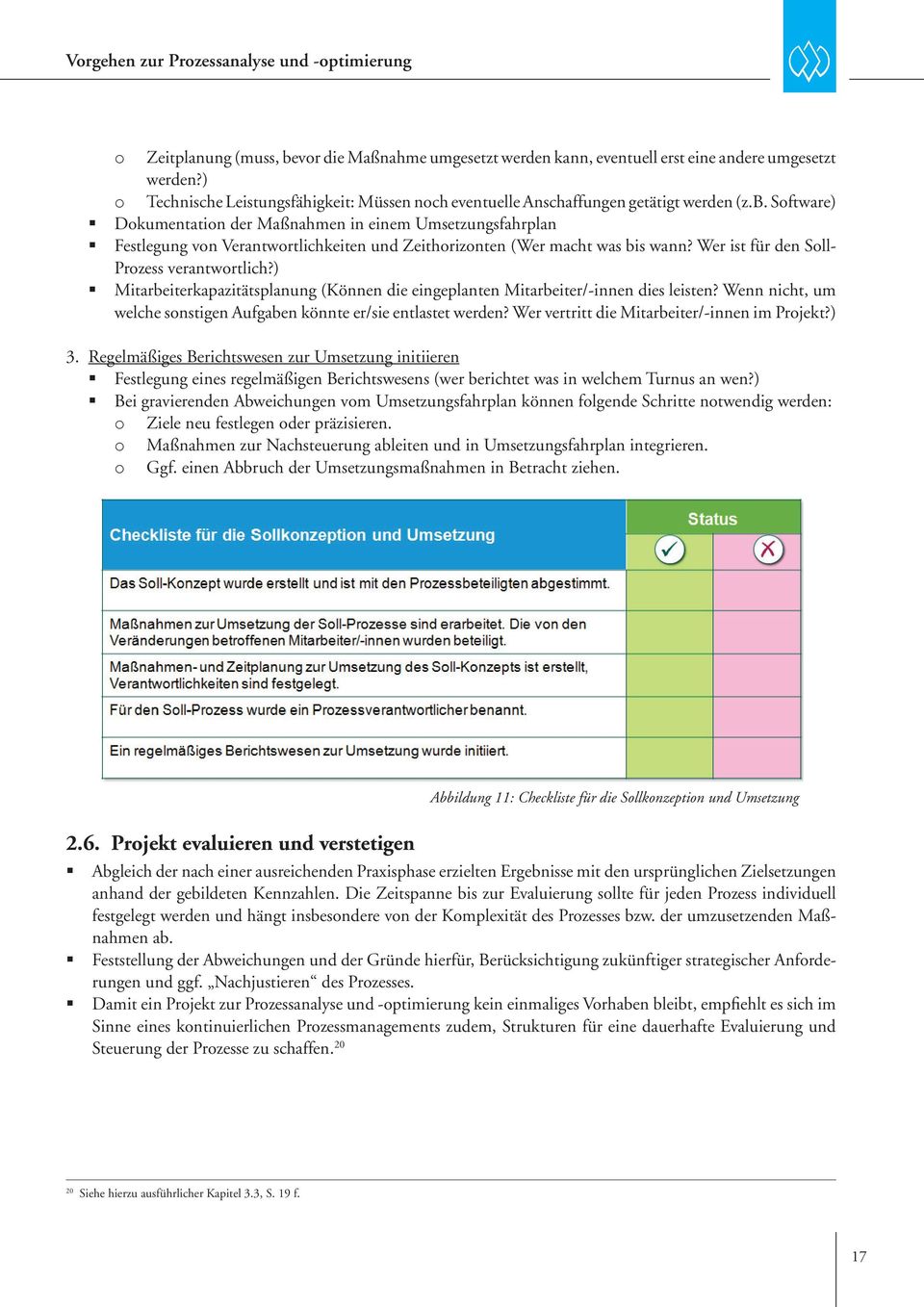 Software) Dokumentation der Maßnahmen in einem Umsetzungsfahrplan Festlegung von Verantwortlichkeiten und Zeithorizonten (Wer macht was bis wann? Wer ist für den Soll- Prozess verantwortlich?