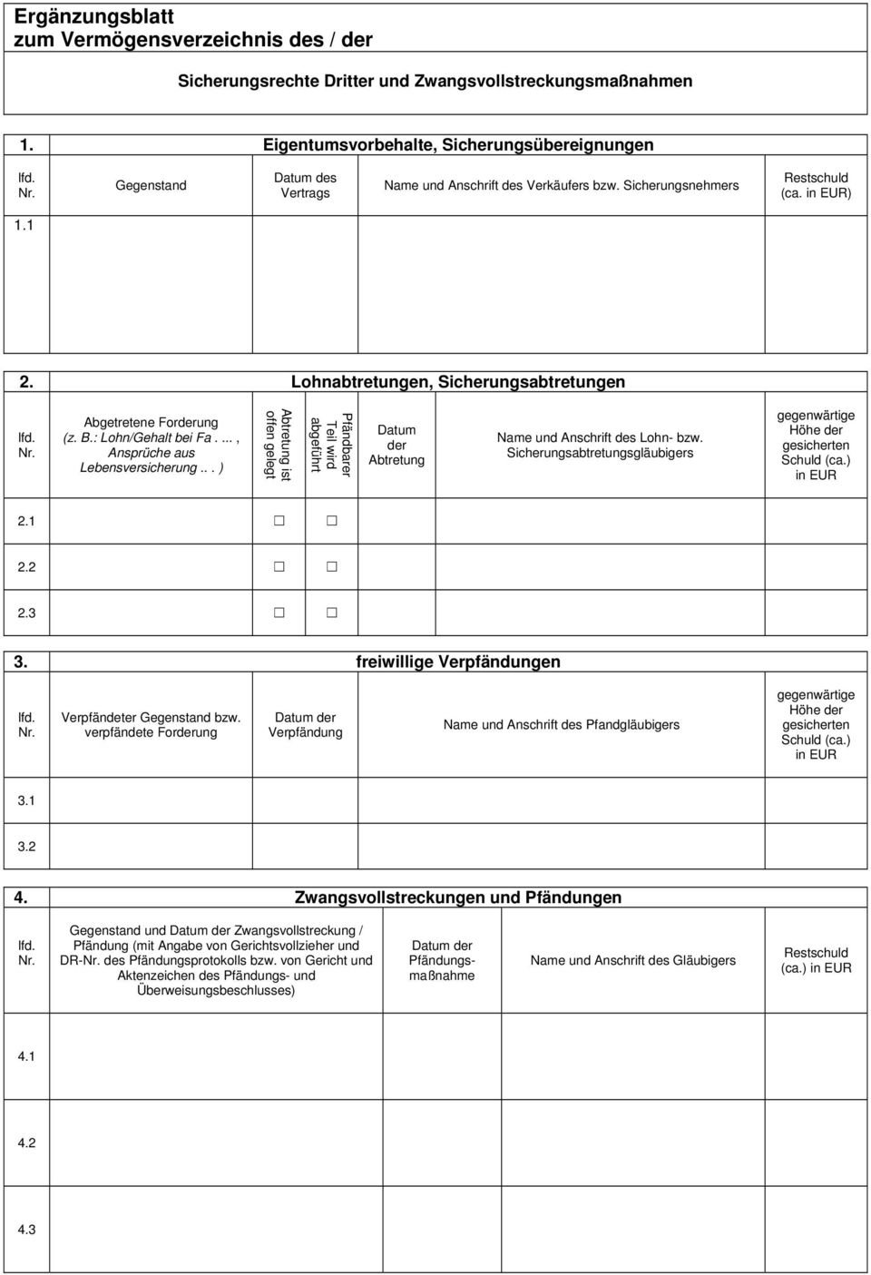 : Lohn/Gehalt bei Fa...., Ansprüche aus Lebensversicherung... ) Abtretung ist offen gelegt Pfändbarer Teil wird abgeführt Datum der Abtretung Name und Anschrift des Lohn- bzw.