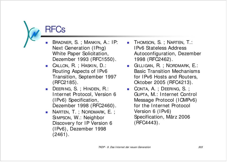 : Neighbor Discovery for IP Version 6 (IPv6), Dezember 1998 (2461). THOMSON, S. ; NARTEN, T.: IPv6 Stateless Address Autoconfiguration, Dezember 1998 (RFC2462). GILLIGAN, R. ; NORDMARK, E.