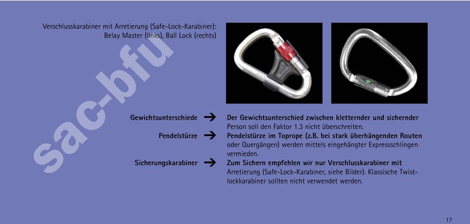 Pendelstürze im Toprope (z.b. bei stark überhängenden Routen oder Quergängen) werden mittels eingehängter Expressschlingen vermieden.