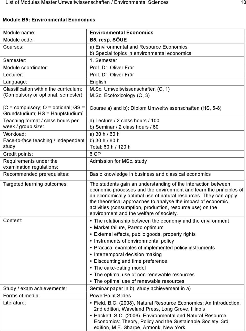 SÖUE a) Environmental and Resource Economics b) Special topics in environmental economics 1. Semester Prof. Dr. Oliver Frör Prof. Dr. Oliver Frör English M.Sc.