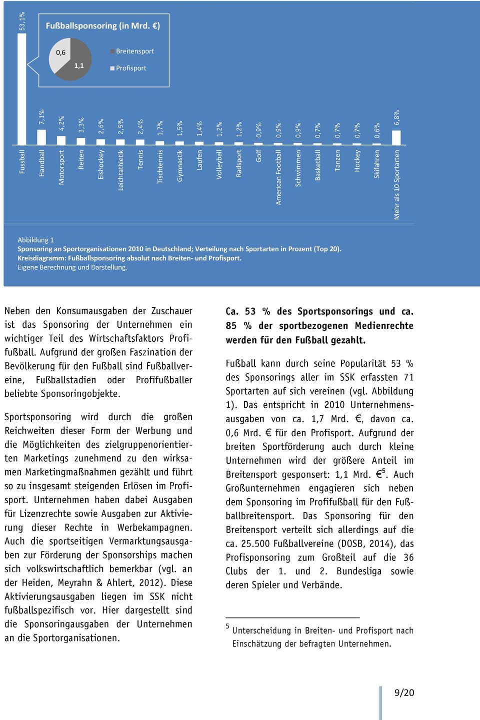 ) 0,6 Breitensport 1,1 Profisport Abbildung 1 Sponsoring an Sportorganisationen 2010 in Deutschland; Verteilung nach Sportarten in Prozent (Top 20).
