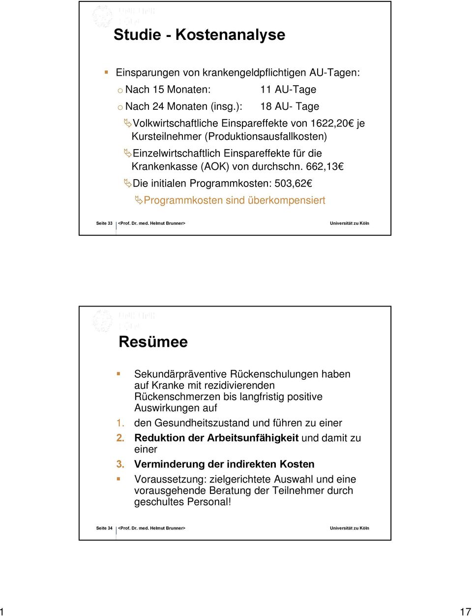 662,13 Die initialen Programmkosten: 503,62 Programmkosten sind überkompensiert Seite 33 Resümee Sekundärpräventive Rückenschulungen haben auf Kranke mit rezidivierenden Rückenschmerzen bis