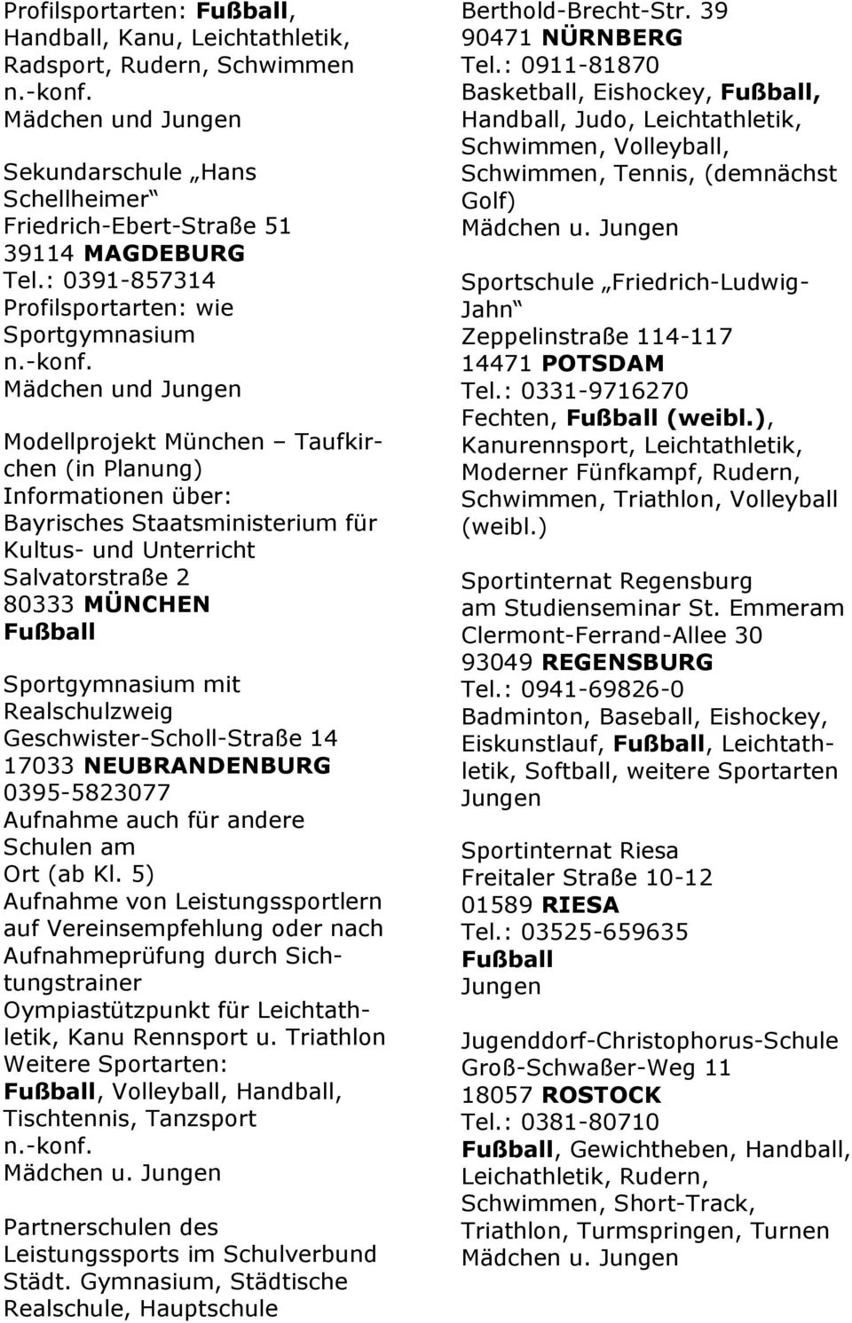 MÜNCHEN Fußball Sportgymnasium mit Realschulzweig Geschwister-Scholl-Straße 14 17033 NEUBRANDENBURG 0395-5823077 Aufnahme auch für andere Schulen am Ort (ab Kl.