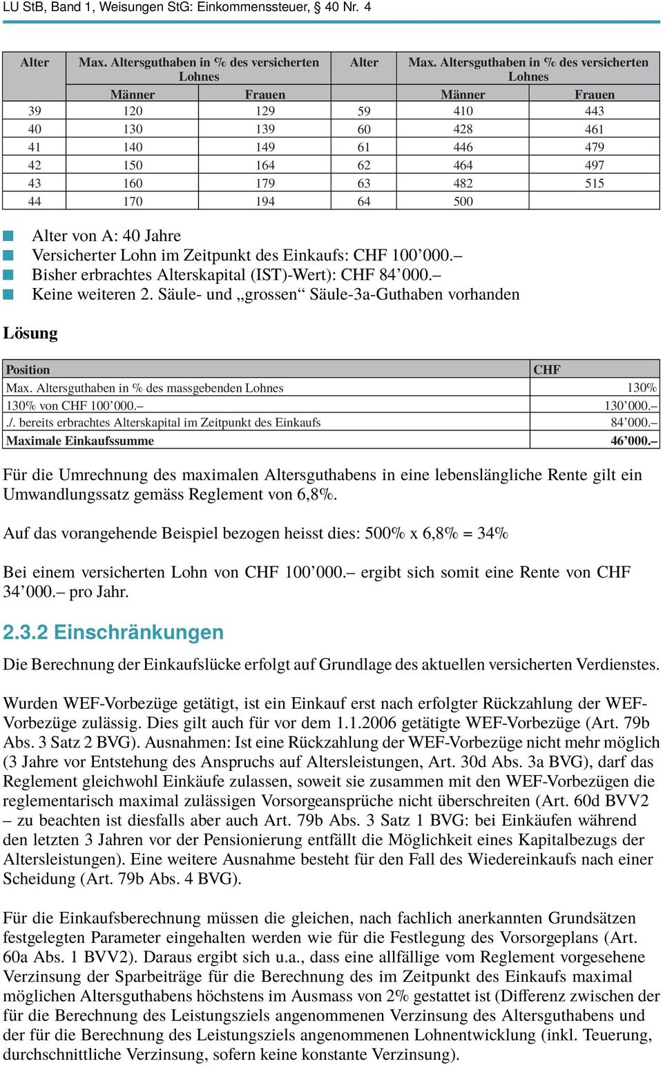 Alter von A: 40 Jahre Versicherter Lohn im Zeitpunkt des Einkaufs: 100 000. Bisher erbrachtes Alterskapital (IST)-Wert): 84 000. Keine weiteren 2.