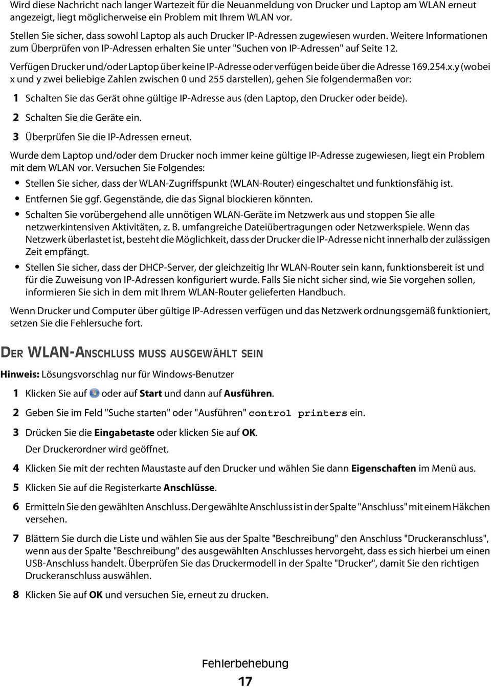 Verfügen Drucker und/oder Laptop über keine IP-Adresse oder verfügen beide über die Adresse 169.254.x.