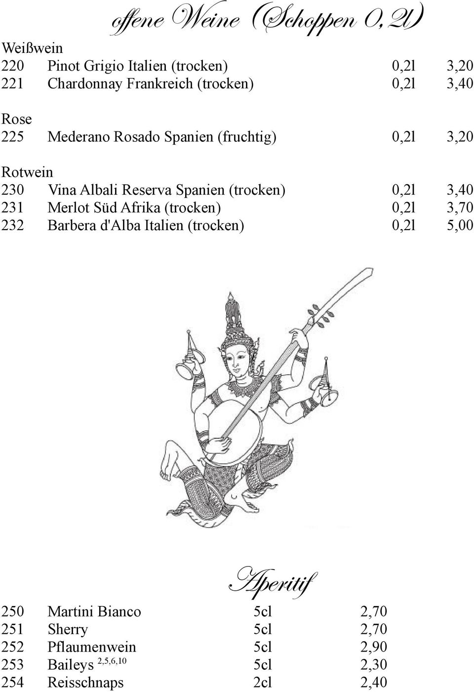 (trocken) 0,2l 3,40 231 Merlot Süd Afrika (trocken) 0,2l 3,70 232 Barbera d'alba Italien (trocken) 0,2l 5,00 Aperitif