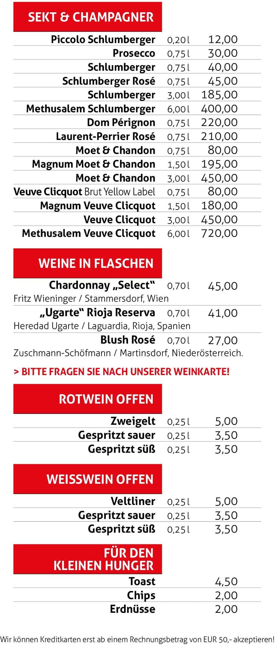 Magnum Veuve Clicquot 1,50 l 180,00 Veuve Clicquot 3,00 l 450,00 Methusalem Veuve Clicquot 6,00 l 720,00 Weine in Flaschen Chardonnay Select 0,70 l 45,00 Fritz Wieninger / Stammersdorf, Wien Ugarte