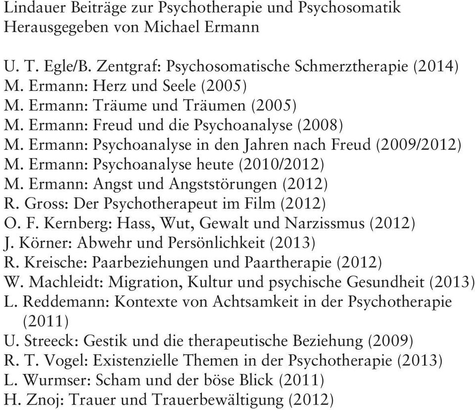 Ermann: Angst und Angststörungen (2012) R. Gross: Der Psychotherapeut im Film (2012) O. F. Kernberg: Hass, Wut, Gewalt und Narzissmus (2012) J. Körner: Abwehr und Persönlichkeit (2013) R.