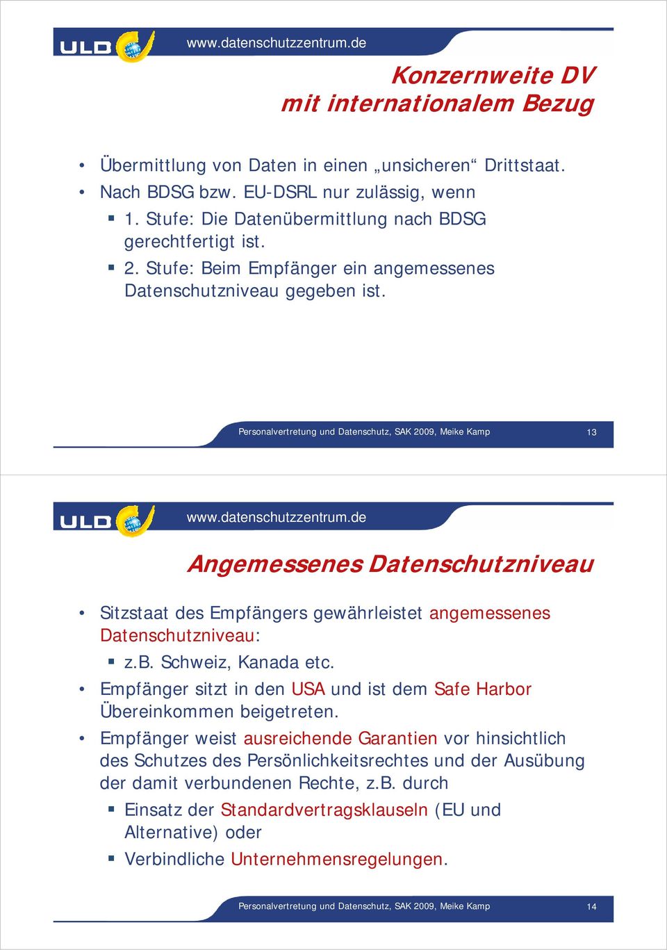 Personalvertretung und Datenschutz, SAK 2009, Meike Kamp 13 Angemessenes Datenschutzniveau Sitzstaat des Empfängers gewährleistet angemessenes Datenschutzniveau: z.b. Schweiz, Kanada etc.