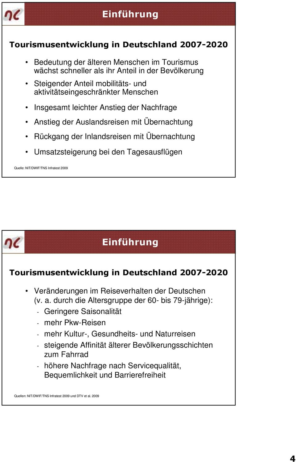 Tagesausflügen Quelle: NIT/DWIF/TNS Infratest 2009 Einführung Tourismusentwicklung in Deutschland 2007-2020 Veränderungen im Reiseverhalten der Deutschen (v. a.