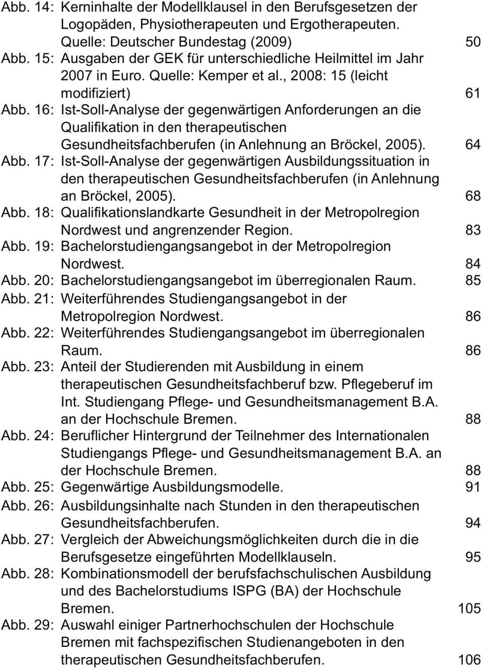 16: Ist-Soll-Analyse der gegenwärtigen Anforderungen an die Qualifikation in den therapeutischen Gesundheitsfachberufen (in Anlehnung an Bröckel, 2005). 64 Abb.