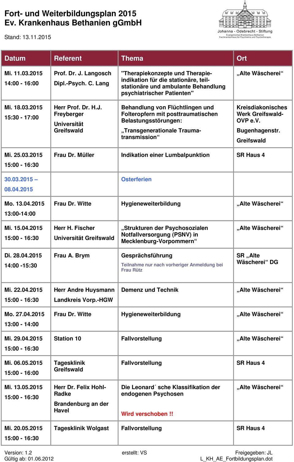 Freyberger Universität Transgenerationale Traumatransmission Werk - Mi. 25.03.2015 30.03.2015 08.04.2015 Mo. 13.04.2015 13:00-14:00 Frau Dr. Müller Indikation einer Lumbalpunktion Osterferien Frau Dr.