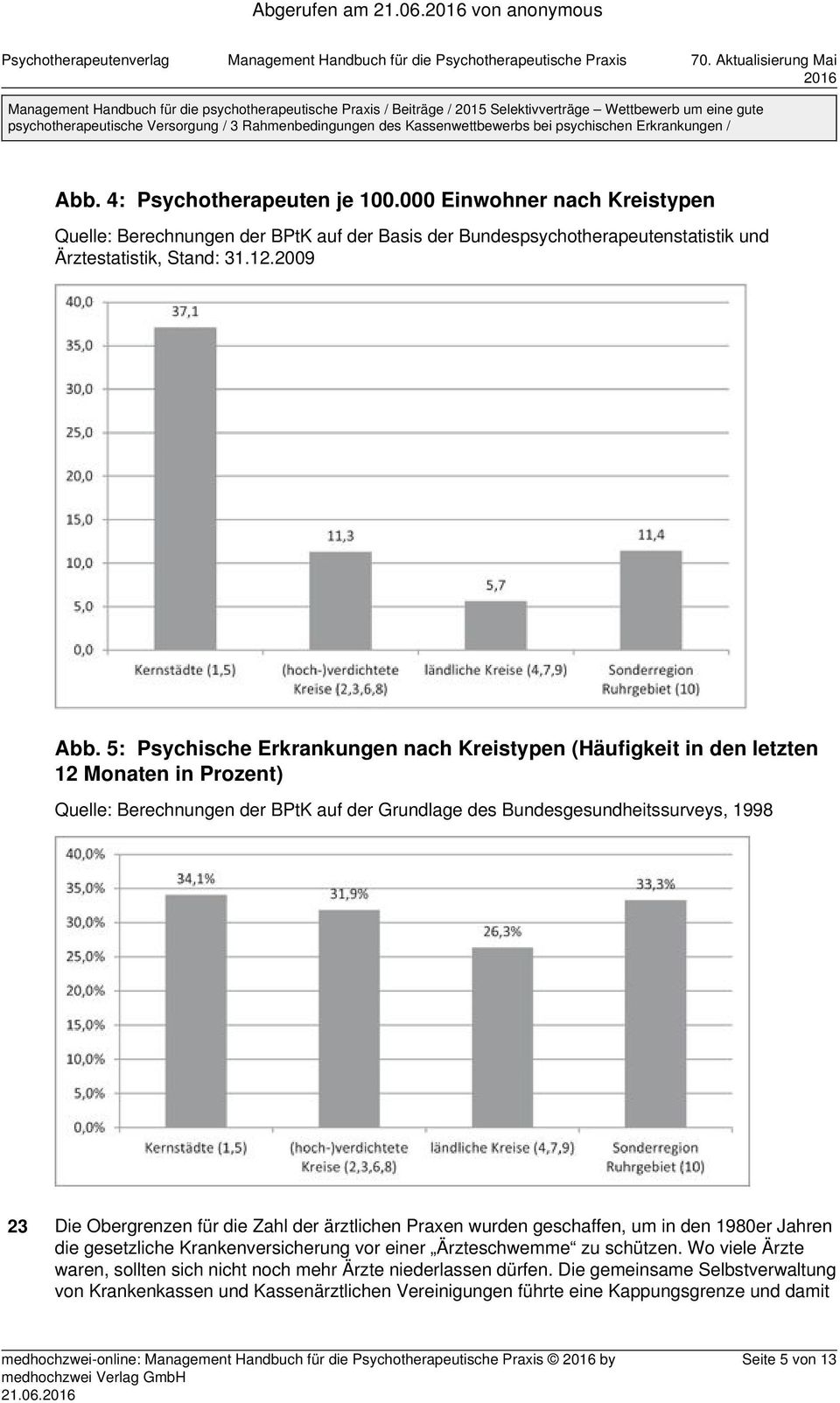 5: Psychische Erkrankungen nach Kreistypen (Häufigkeit in den letzten 12 Monaten in Prozent) Quelle: Berechnungen der BPtK auf der Grundlage des Bundesgesundheitssurveys, 1998 23 Die