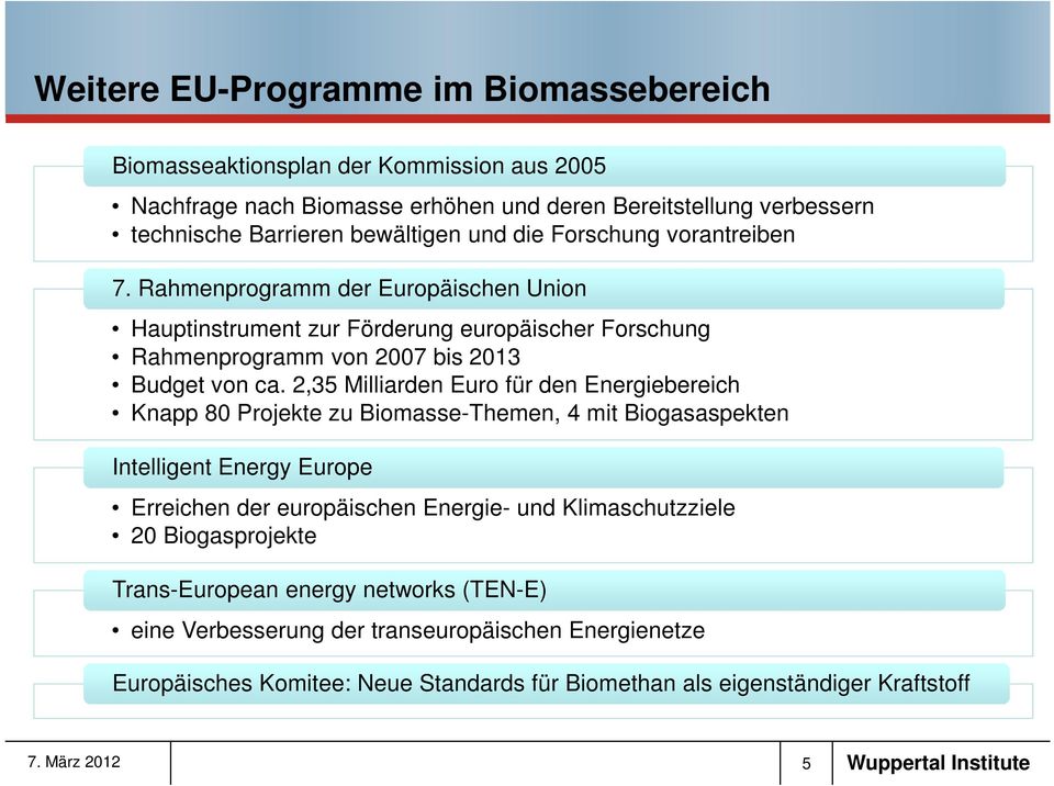 2,35 Milliarden Euro für den Energiebereich Knapp 80 Projekte zu Biomasse-Themen, 4 mit Biogasaspekten Intelligent Energy Europe Erreichen der europäischen Energie- und
