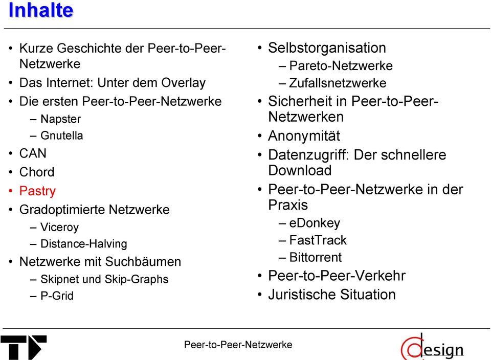 P-Grid Selbstorganisation Pareto-Netzwerke Zufallsnetzwerke Sicherheit in Peer-to-Peer- Netzwerken Anonymität