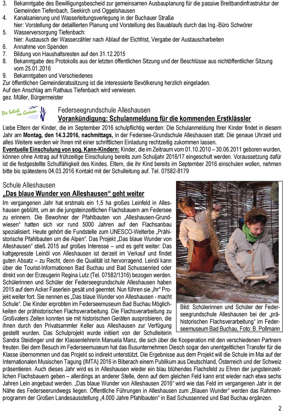 Wasserversorgung Tiefenbach: hier: Austausch der Wasserzähler nach Ablauf der Eichfrist, Vergabe der Austauscharbeiten 6. Annahme von Spenden 7. Bildung von Haushaltsresten auf den 31.12.2015 8.