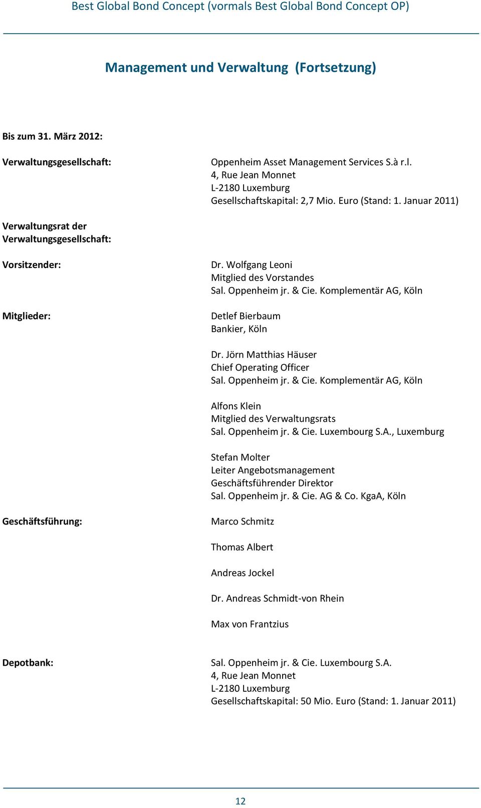 Komplementär AG, Köln Detlef Bierbaum Bankier, Köln Dr. Jörn Matthias Häuser Chief Operating Officer Sal. Oppenheim jr. & Cie. Komplementär AG, Köln Alfons Klein Mitglied des Verwaltungsrats Sal.