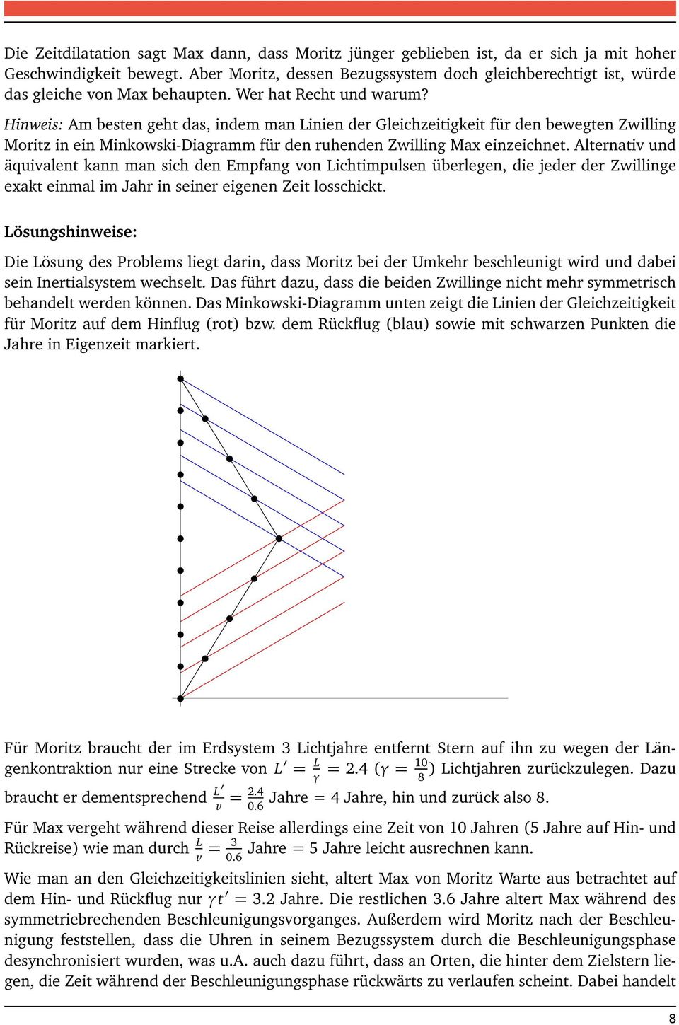 Hinweis: Am besten geht das, indem man Linien der Gleihzeitigkeit für den bewegten Zwilling Moritz in ein Minkowski-Diagramm für den ruhenden Zwilling Max einzeihnet.