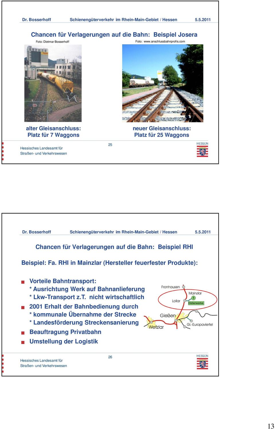Beispiel: Fa. RHI in Mainzlar (Hersteller feuerfester Produkte): Vorteile Bahntransport: * Ausrichtung Werk auf Bahnanlieferung * Lkw-Transport z.