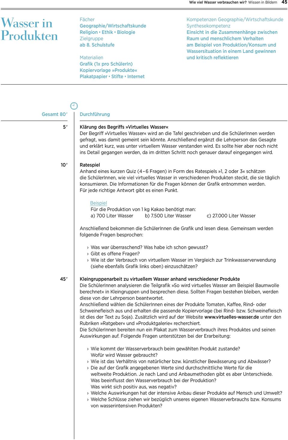 Raum und menschlichem Verhalten am Beispiel von Produktion/Konsum und Wassersituation in einem Land gewinnen und kritisch reflektieren Gesamt 80 ' kdurchführung 5 ' Klärung des Begriffs»Virtuelles