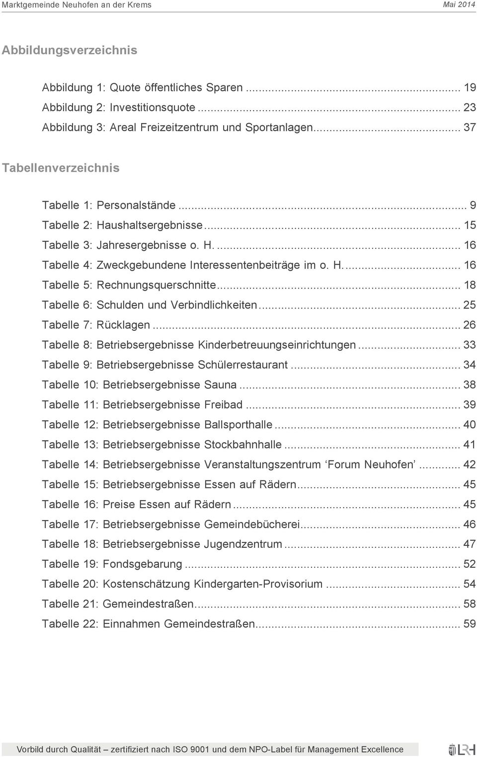 .. 18 Tabelle 6: Schulden und Verbindlichkeiten... 25 Tabelle 7: Rücklagen... 26 Tabelle 8: Betriebsergebnisse Kinderbetreuungseinrichtungen... 33 Tabelle 9: Betriebsergebnisse Schülerrestaurant.