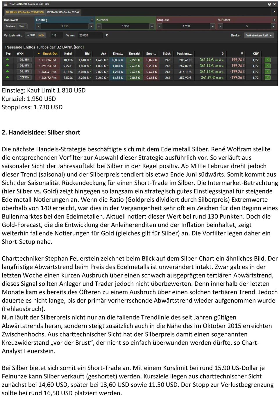 Ab Mitte Februar dreht jedoch dieser Trend (saisonal) und der Silberpreis tendiert bis etwa Ende Juni südwärts. Somit kommt aus Sicht der Saisonalität Rückendeckung für einen Short-Trade im Silber.