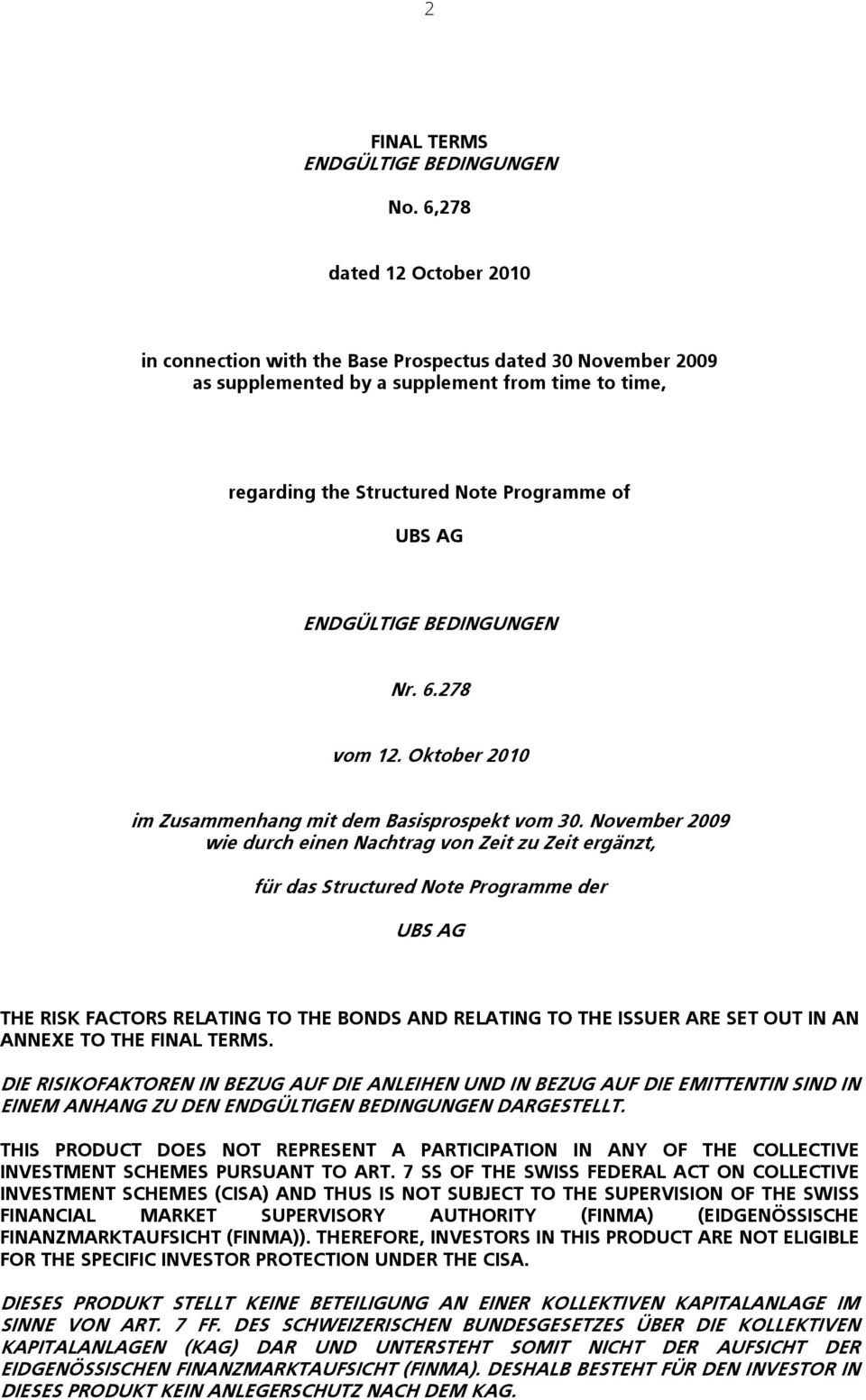 ENDGÜLTIGE BEDINGUNGEN Nr. 6.278 vom 12. Oktober 2010 im Zusammenhang mit dem Basisprospekt vom 30.