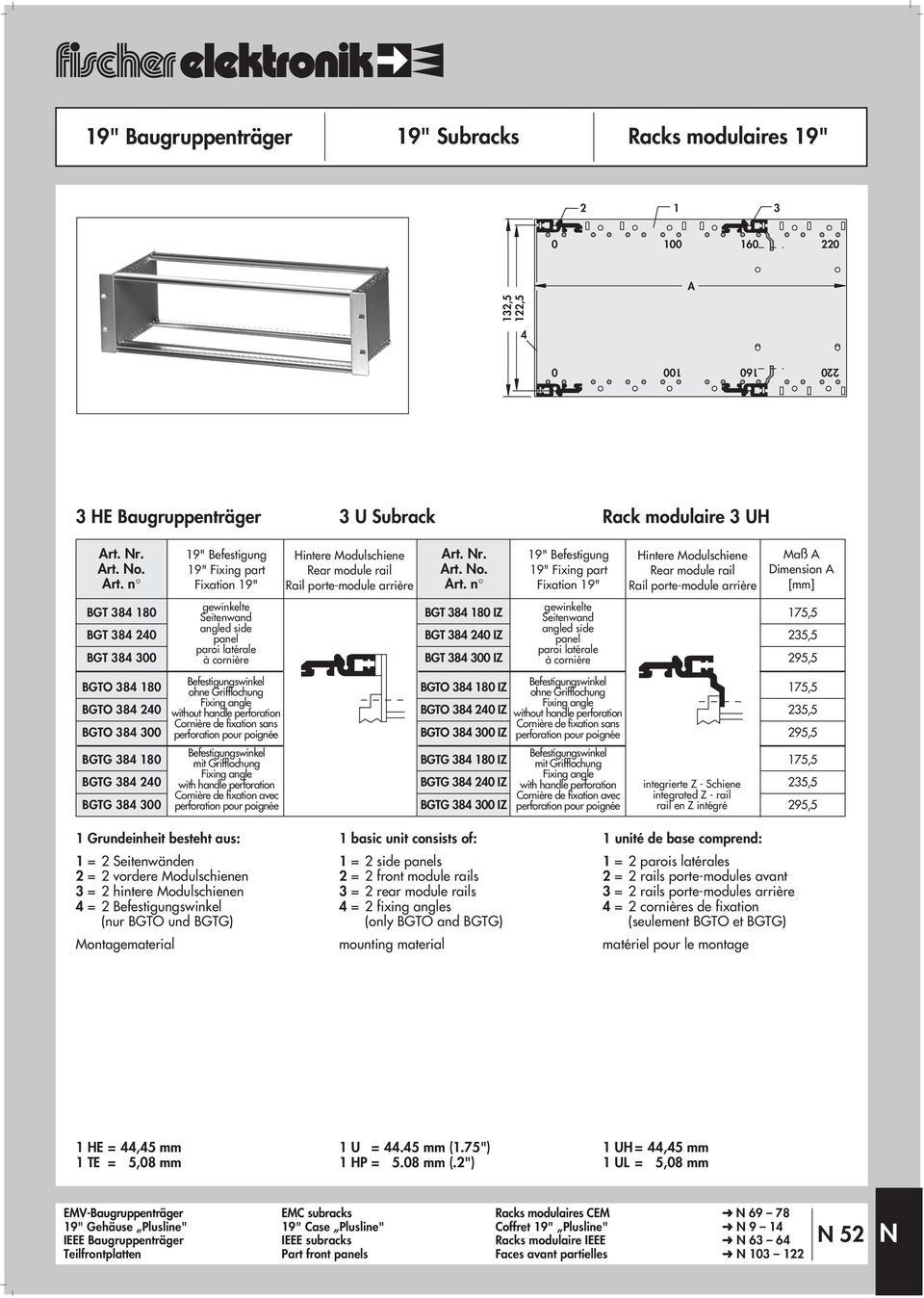 module rails = 2 fixing angles 2 = 2 rails porte-modules avant 3 = 2 rails porte-modules arrière = 2 cornières de fixation 1 HE =,5 mm 1 TE = 5,8 mm 1 U =.5 mm (1.75") 1 HP = 5.8 mm (.