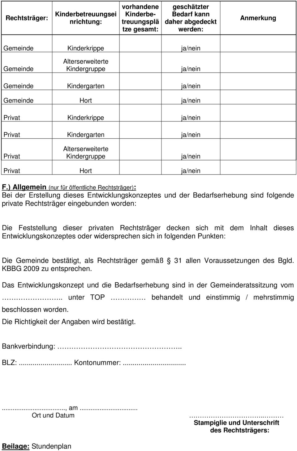 ) Allgemein (nur für öffentliche Rechtsträger): Bei der Erstellung dieses Entwicklungskonzeptes und der Bedarfserhebung sind folgende private Rechtsträger eingebunden worden: Die Feststellung dieser