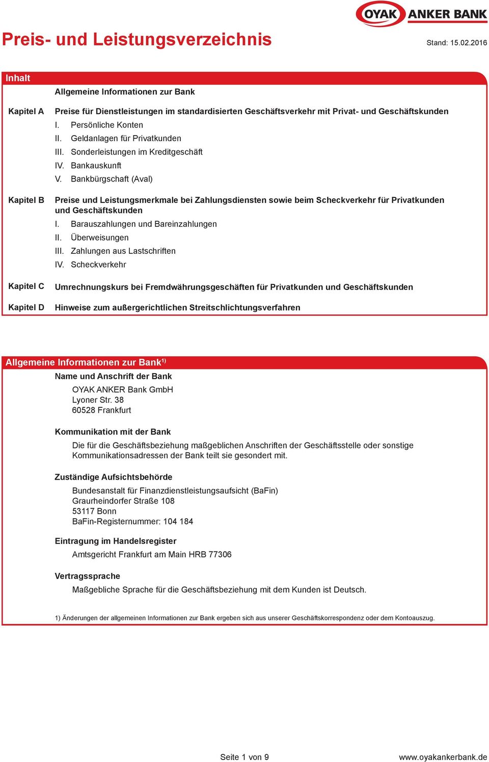 Persönliche Konten II. III. IV. Geldanlagen für Privatkunden Sonderleistungen im Kreditgeschäft Bankauskunft V.